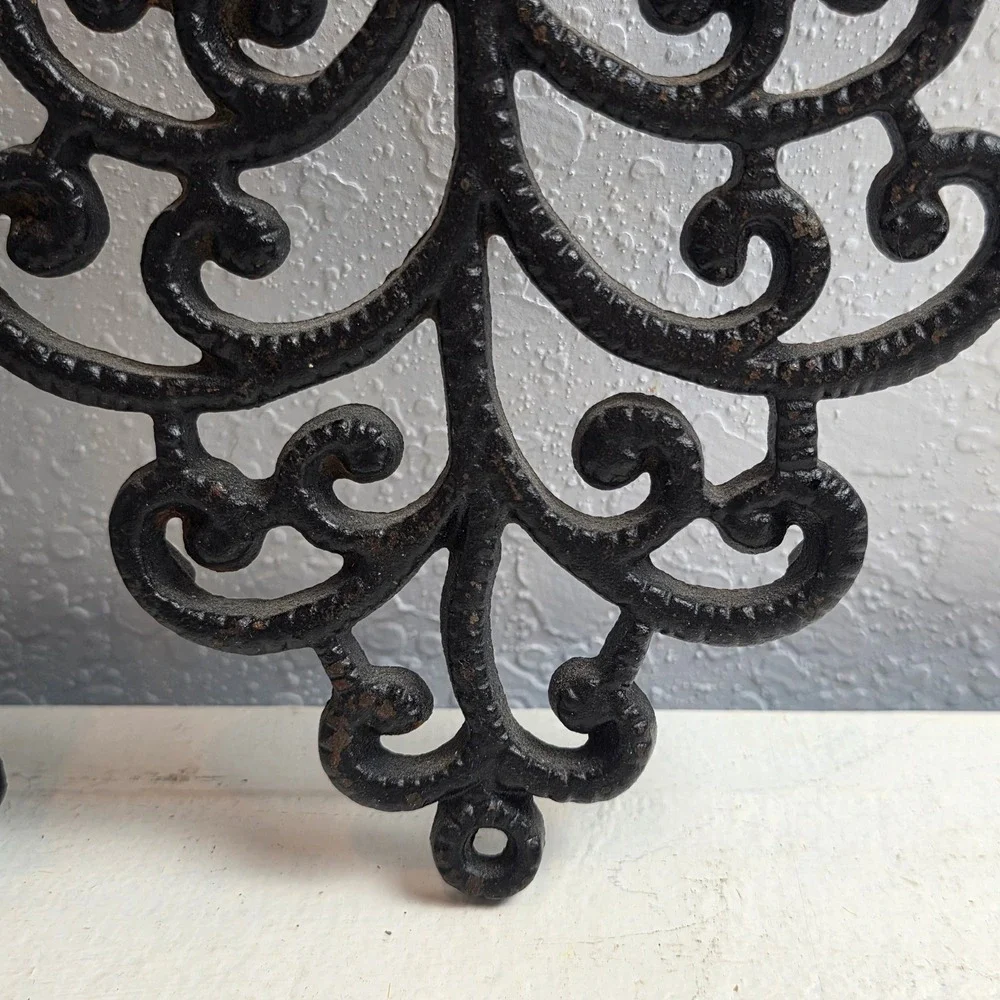 Vintage Cast Iron Trivets 'He Who Helps Shall Eat' Ceramic Tile‎ & Scroll Pair